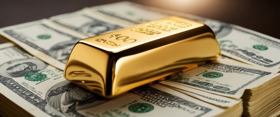 A gold bar resting on a pile of hundred dollar bills, symbolizing wealth, prosperity, and investment