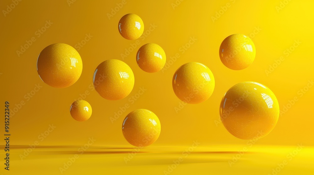 Fototapete Yellow spheres hover in mid-air, casting shadows on a golden background, creating a lively and dynamic visual effect