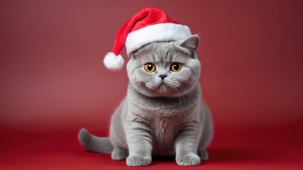 A cute gray cat wearing a Santa hat, perfect for holiday themed events and Christmas decorations