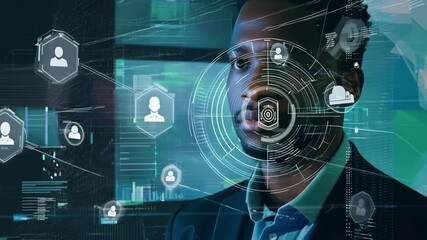 Ai cyber security threat illustration with black african american it specialist and facial recognition concept digital collage. - Powered by Adobe
