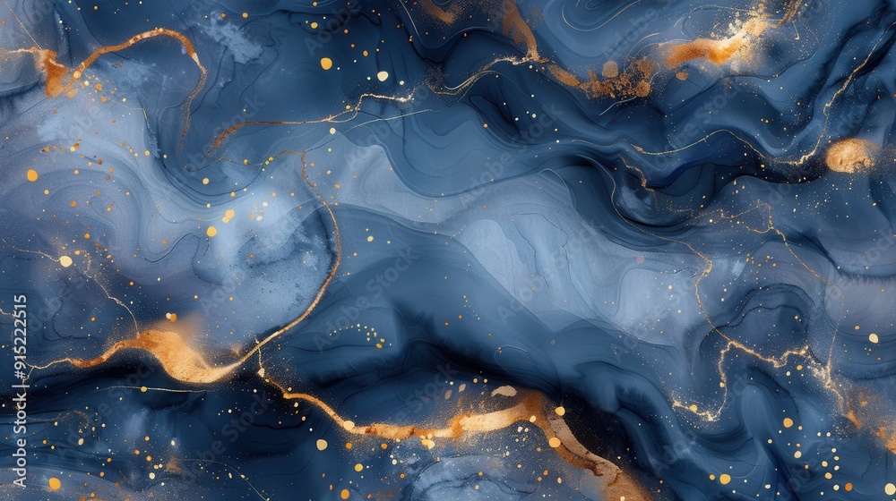 Poster a close-up abstract painting with a blue and gold marbled pattern, featuring swirling shapes and spa