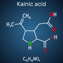 Kainic acid or kainate molecule. It is neuroexcitatory amino acid. Structural chemical formula, on the dark blue background