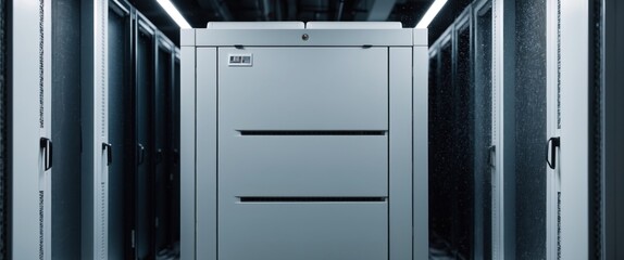 A modern data center featuring high tech server storage solutions in a sleek, illuminated environment