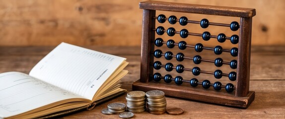 An abacus and coins next to an open ledger, symbolizing finance, budgeting, and accounting concepts in a workspace