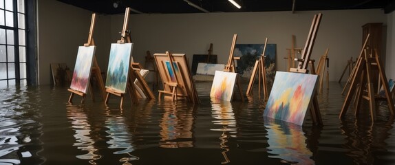 An art studio submerged in water, creating a surreal and thought provoking environment reflecting creativity amidst disaster