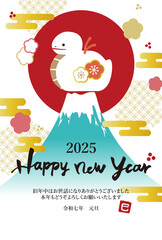 2025年　年賀状縦　土鈴巳と富士山のイラスト
