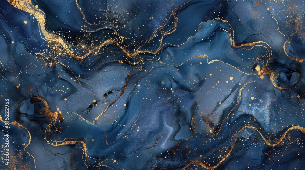 Poster A close-up view of an abstract design. The background is a deep blue color with swirling, marble-like patterns. Thin, golden lines curve throughout the image, creating a sense of movement and energy. 