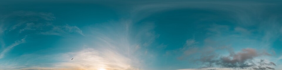 Sky 360 panorama - Bright blue sky filled with fluffy white Cumulus clouds. Seamless hdr spherical 360 panorama. Sky dome sky replacement for aerial drone 360 panoramas. Weather and climate change