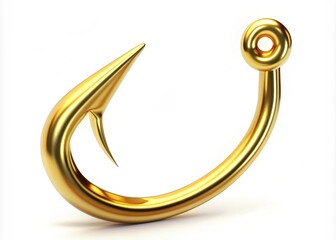 Golden fishing hook icon with a curved shape and barbed end, isolated on a white background, symbolizing outdoor recreation and aquatic sport.