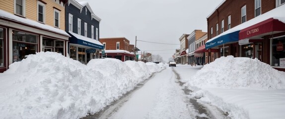 Obraz premium A quiet, snow covered street in a quaint town captures the serene beauty of winter and the charm of local shops