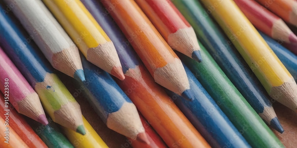 Poster a row of colorful pencils are lined up on a table