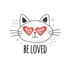 Cute cats in sunglasses with be loved words. Characters, stickers, t-shirt designs.