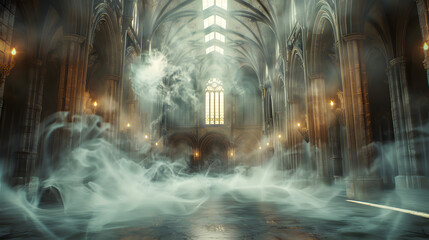 abstract renaissance empty big hall dark gothic light and smoke room