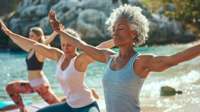 Three women are practicing yoga on the beach