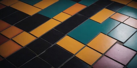 A colorful mosaic tile floor with black and yellow squares