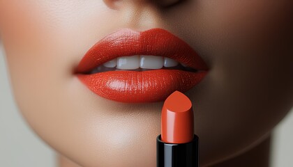 Obraz premium Woman holding a tube of orange lipstick near her lips for a beauty campaign concept. woman holding and applying orange lipstick on her lips for beauty campaign shot. tube of pigmented orange lipstick