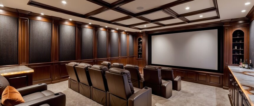 A luxurious home theater featuring plush seating and a large screen, perfect for entertainment and relaxation
