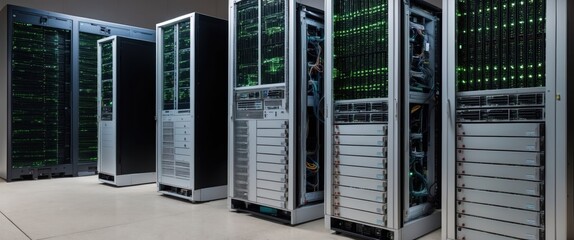 A modern server room showcasing advanced data servers with glowing green indicators, highlighting technology and infrastructure