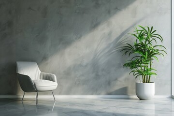 An interior space with minimalist design, featuring sleek grey furniture and decor, is highlighted by a lush green plant in a simple white pot