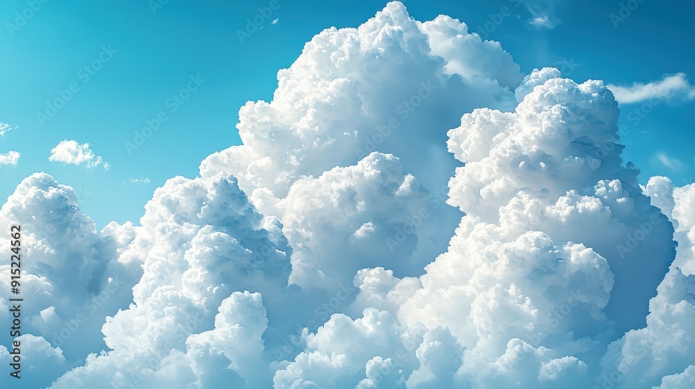 Poster Puffy clouds stretch across the sky, illuminated by sunlight on a clear day, creating a serene and tranquil atmosphere