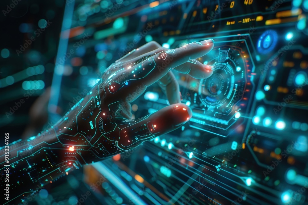 Poster A robotic hand gently touches a glowing holographic control panel, showcasing advanced technology and digital interactions in a futuristic setting