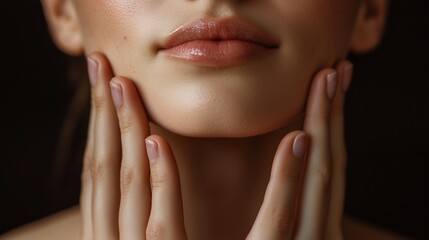 A close-up view of a woman's face as she gently touches her skin in soft lighting