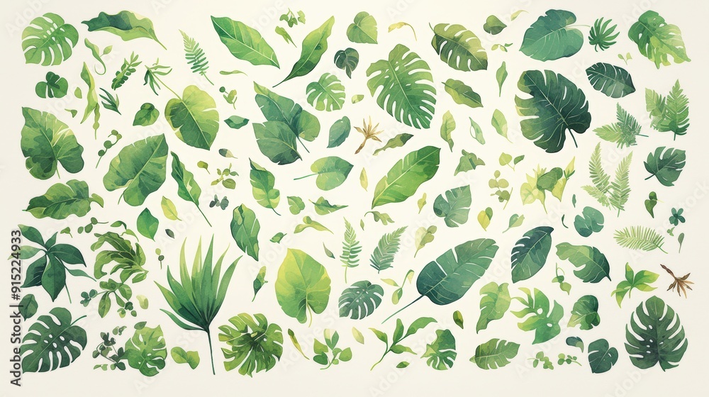 Aufkleber an array of tropical leaves showcases different shapes and shades of green, creating a lush and invi