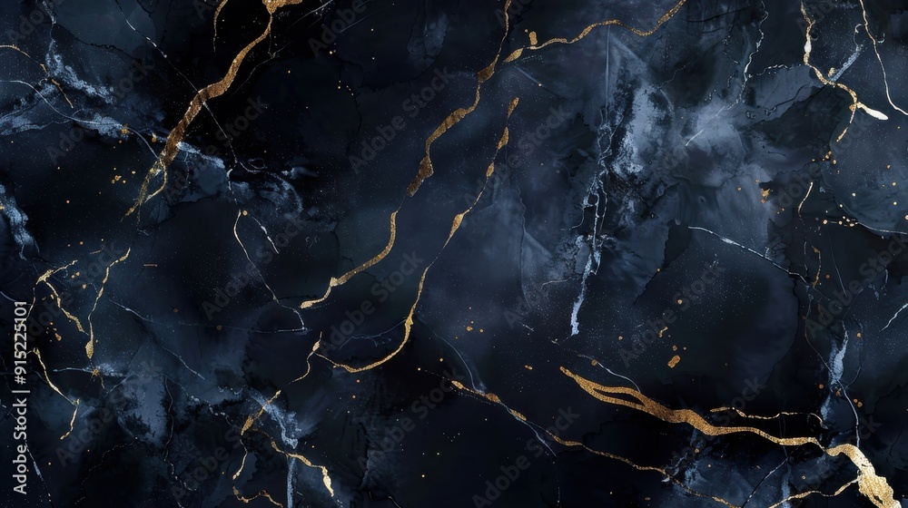 Poster a close-up image of an abstract swirling black marble surface with shimmering gold veins. the veins 