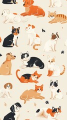 Fototapeta premium This design showcases colorful illustrations of different breeds of cats and dogs arranged artistically