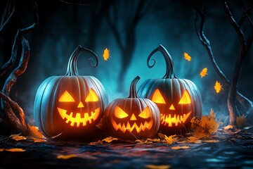 Naklejka premium Vibrant Halloween scene featuring glowing jack-o'-lanterns surrounded by autumn leaves in a mysterious twilight setting.