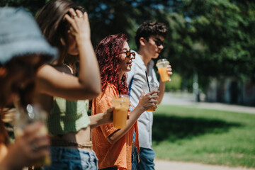 Group of young adults laughing and enjoying cold drinks on a sunny day in the park. Ideal for lifestyle, friendship, and outdoor leisure concepts.