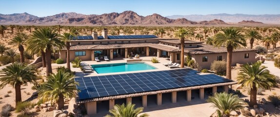 A modern house with solar panels and a pool in a desert landscape, surrounded by palm trees and mountains