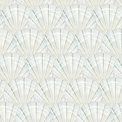 Sea Shells Scallops. Seamless Pattern on white background. Watercolor illustration in pastel colors. The drawing is hand drawn. Suitable for postcards, wallpaper and textiles.