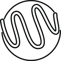 Round chocolate candy is being covered with glaze, line art illustration on white background