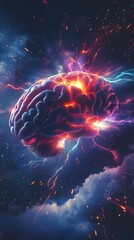 A human brain with colorful lightning and energy flowing through it, set against a dark background