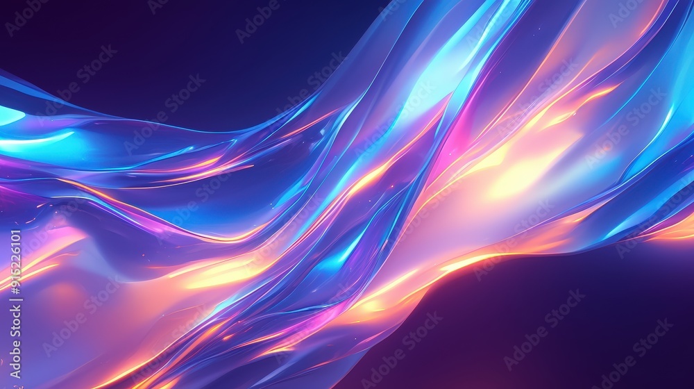 Poster colorful waves of light iridescent flow gracefully in an abstract formation, showcasing a vibrant mi