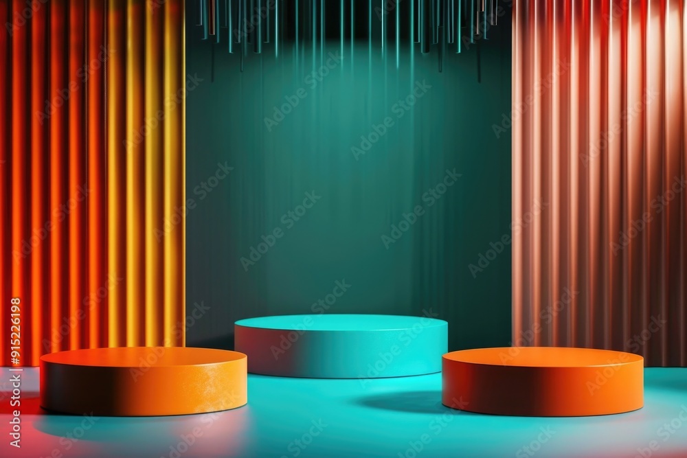 Poster three modern, round stools placed in a bright and colorful room, ideal for use as decorative accents