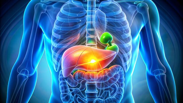 A colorful medical illustration of the gallbladder with inflamed walls, showcasing cholecystitis symptoms, complete with swollen tissues and an impacted gallstone.