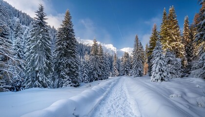 Fototapeta premium Snow-covered trail in mountain forest