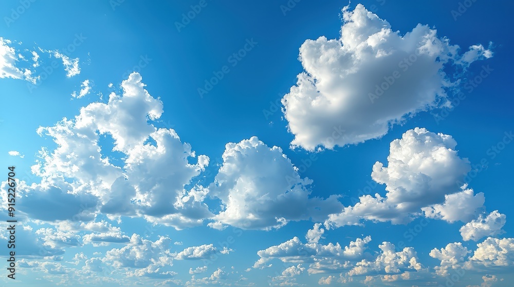 Poster soft clouds float gracefully above, creating a serene atmosphere under a clear, vibrant blue sky in 