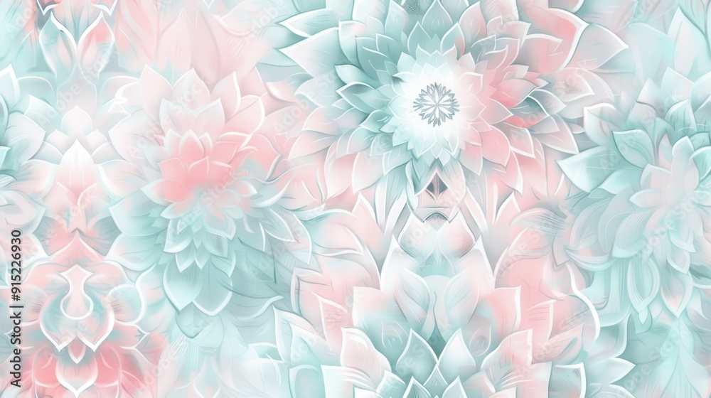 Aufkleber The image features a close-up view of a repeating pattern of abstract watercolor flowers in shades of mint green, light pink, and white. The flowers appear to be overlapping and layered, creating a se