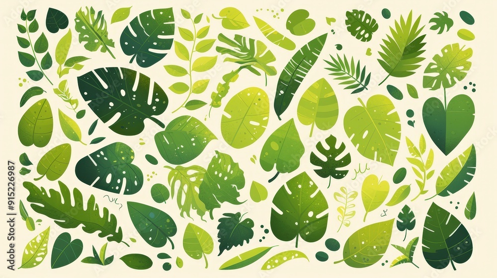 Poster various green leaves of different shapes and sizes are arranged artistically on a light background, 
