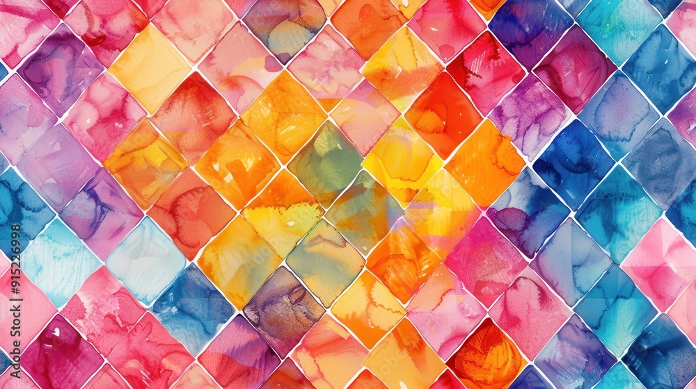Poster a close-up of a watercolor painting depicting a repeating pattern of diamond shapes in various brigh
