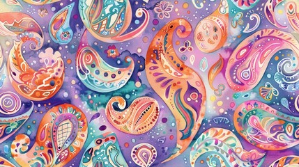 A watercolor painting depicting a repeating pattern of brightly colored paisley shapes on a purple background. The paisley shapes are outlined in black and filled with various shades of orange, pink, 