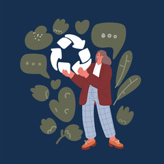 Cartoon vector illustration of woman holding a garbage box recycling concept Recycle, recycle, plastic-free, junk food plastic packaging. on a forest nature green over dark background