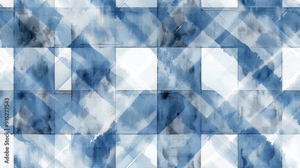 Aufkleber A seamless pattern of blue and white watercolor squares and rectangles, with a grid-like pattern and overlapping geometric shapes, creating a modern and abstract design.