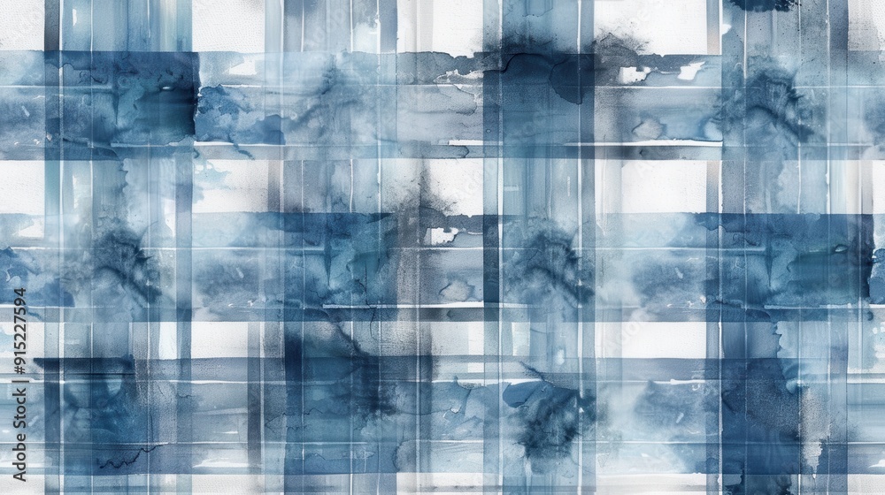 Poster the image is an abstract watercolor painting depicting a blue and white plaid pattern. the colors ar