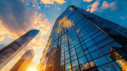 Dynamic modern skyscraper glowing at sunset, ideal for architectural design, real estate marketing, and corporate branding projects.

