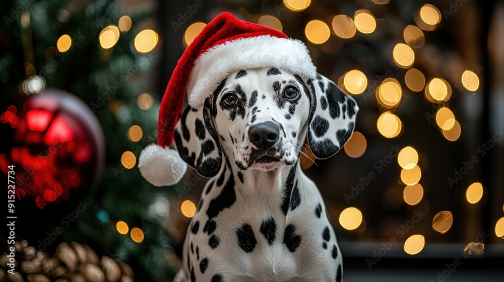 Wall mural A Dalmatian dog dressed in a red Santa hat sits in front of twinkling holiday lights and decorations, embodying the spirit of Christmas