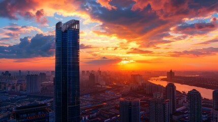Skyscraper with golden sunset reflections, ideal for urban real estate promotion, corporate marketing, and architectural design projects.
